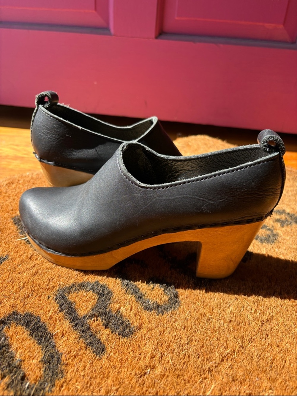 No. 6 Black Leather Clog Mules with Wood Platform
